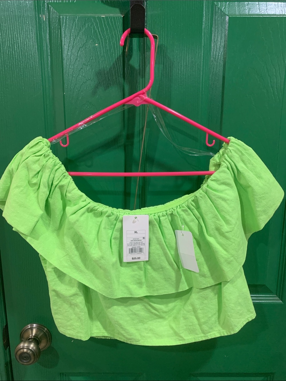 a new day Neon Lime Off-Shoulder Ruffle Crop Top